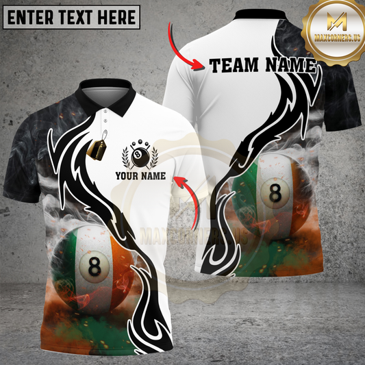 Maxcorners Billiards Ireland Flag 8 Ball Smoke Tribal Personalized Name 3D Unisex Shirt