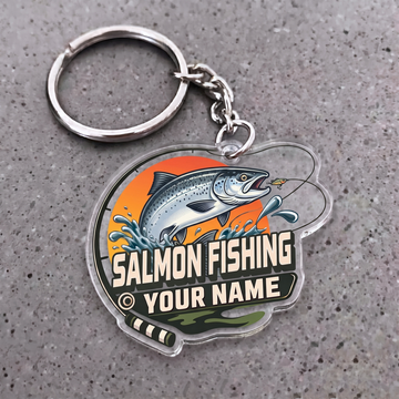 Maxcorners Salmon Fishing Sunset Rod Badge Personalized Name 3D Keychain And Ornament