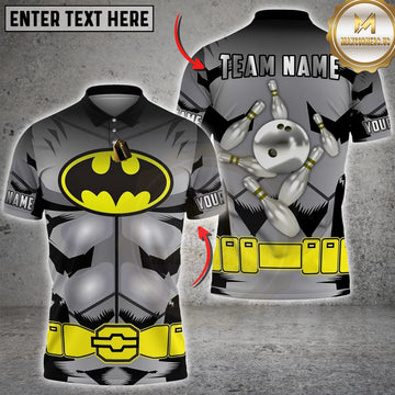 Maxcorners Bowling Hero Suit Bat Style Chest Logo Strike Pin Back Design Personalized Name 3D Unisex Shirt
