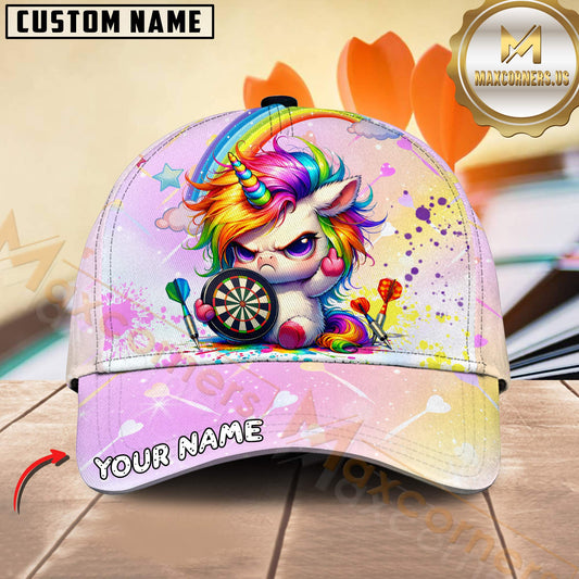 Maxcorners Darts Angry Rainbow Unicorn Personalized Name 3D Cap