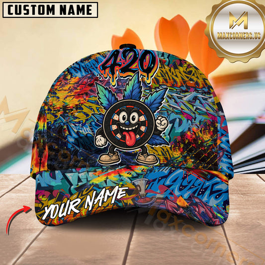 Maxcorners Darts Funny 420 Cartoon Graffiti Personalized Name 3D Cap