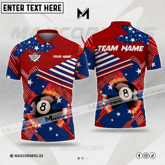 Maxcorners Billiard Ball 8 American Flag Pattern Multicolor Options Personalized Name, Team Name 3D Polo Shirt (4 Colors)