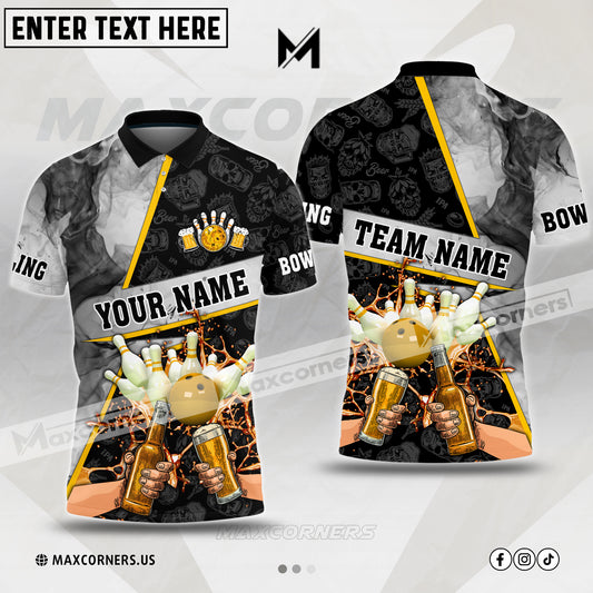 Maxcorners Bowling Ball & Pins Beer Flame Grey Smoke Pattern Multicolor Customized Name, Team Name 3D Polo Shirt (4 Colors)