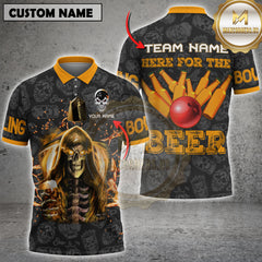 Maxcorners Bowling Skull And Beer Here For The Beer Personalized Name, Team Name 3D Shirt