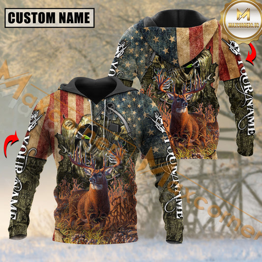 Maxcorners USA Flag Hunter Deer Hunting Mutilcolor Custom Name Shirt 3D All Over Printed Clothes (4 Colors)