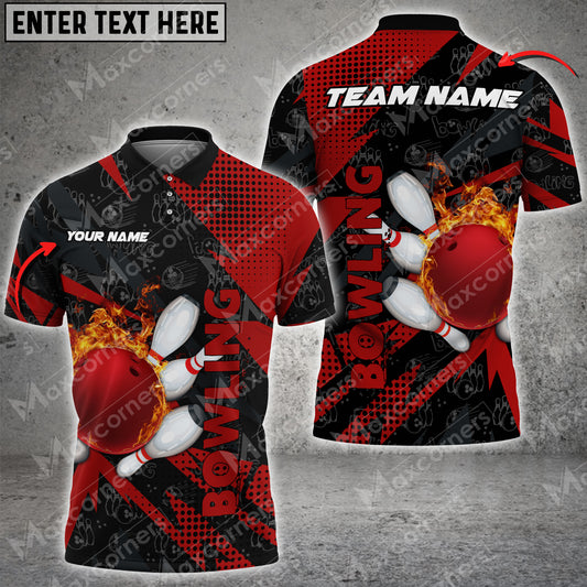 Maxcorners Bowling & Pins Flame Multicolor Option Customized Name, Team Name 3D Polo Shirt (4 Colors)