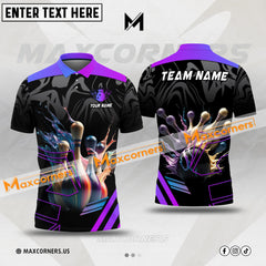Maxcorners Bowling Ball & Pins Thunder Strike Multicolor Option Customized Name 3D Polo Shirt