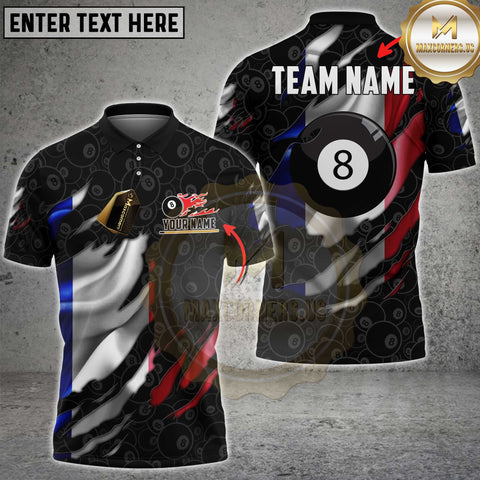 Maxcorners Billiards France Torn 8 Ball Flame Flag Personalized Name 3D Unisex Shirt