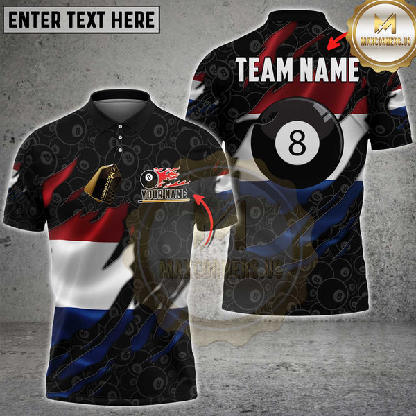 Maxcorners Billiards Netherlands Torn 8 Ball Flame Flag Personalized Name 3D Unisex Shirt