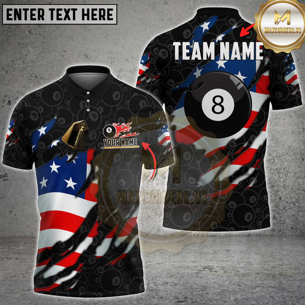 Maxcorners Billiards USA Torn 8 Ball Flame Flag Personalized Name 3D Unisex Shirt