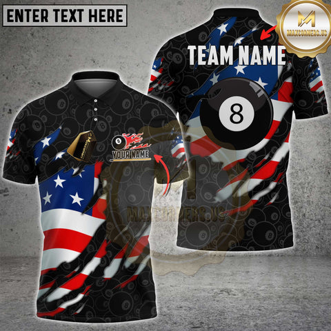 Maxcorners Billiards USA Torn 8 Ball Flame Flag Personalized Name 3D Unisex Shirt