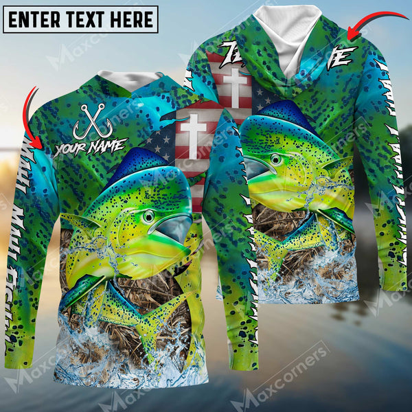 Maxcorners Mahi-Mahi Fishing American Flag Camo Cross Skin Pattern Sun Protection Personalized Name, Team Name Long Sleeve Shirt