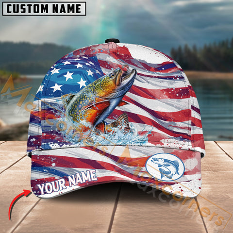 Maxcorners Trout Fishing Flag Of United States Pattern Jersey Multicolor Personalized Name 3D Cap