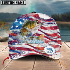 Maxcorners Walleye Fishing Flag Of United States Pattern Jersey Multicolor Personalized Name 3D Cap