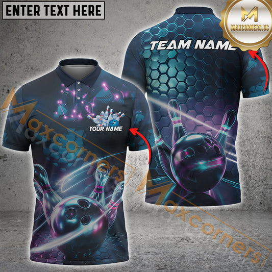 Maxcorners Custom Hexagon Holographic Bowling Team Men Polo Shirts, Galaxy Bowling League Shirt For Women