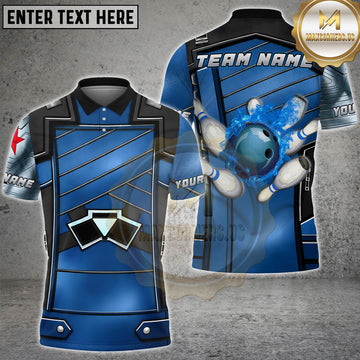 Maxcorners Bowling Blue Armor Bowling Pins Personalized Name 3D Unisex Shirt
