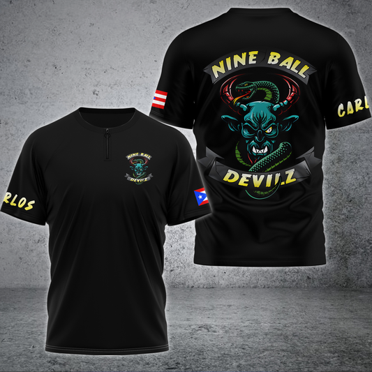 Maxcorners Devilz Carlos Puerto Rico Zipper Tee Billiards Shirt Personalized Name (2 Colors) For Carlos Baez