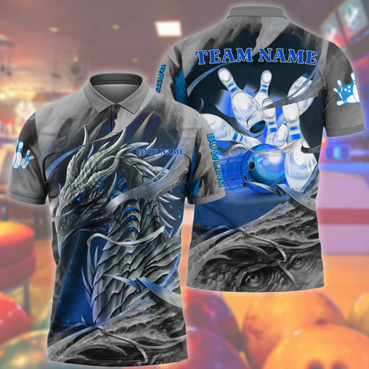 Maxcorners Bowling Ball & Pins Dragon Flame Multicolor Customized Name, Team Name 3D Polo Shirt (4 Colors)