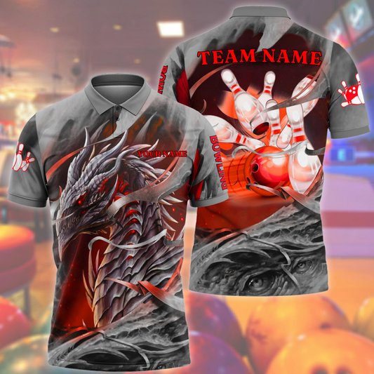 Maxcorners Bowling Ball & Pins Dragon Flame Multicolor Customized Name, Team Name 3D Polo Shirt (4 Colors)