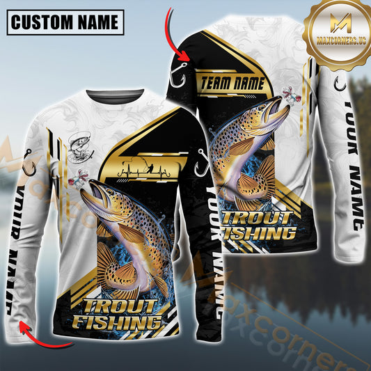 Maxcorners Fishing Hook Graphic & Jumping Fish Art Personalized Name, Team Name 3D Long Sleeve Shirt