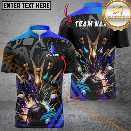 Maxcorners Bowling & Pins Strikeforce Premium Multicolor Option Customized Name, Team Name 3D Polo Shirt