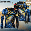 Maxcorners Fishing Blue Ocean Wave & Gold Geometric Personalized Name, Team Name 3D Long Sleeve Shirt (Mahi-mahi, Tuna, Chinook, Marlin, Striped Bass, Salmon)