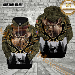 Maxcorners Moose Hunting Moss Camouflage Forest Pattern Custom Name Shirt 3D All Over Printed Clothes