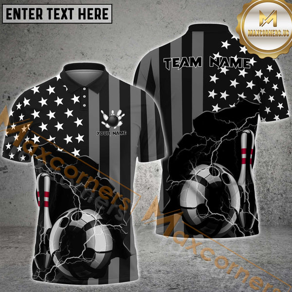 Maxcorners Bowling Thunder Lightning US Flag Personalized Name, Team Name 3D Shirt