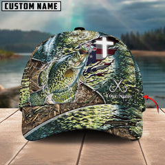 Maxcorners Crappie Fishing American Flag & Cross Design with Camo Detail Multicolor Personalized Name 3D Cap