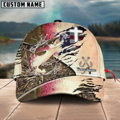 Maxcorners Salmon Fishing American Flag & Cross Design With Camo Detail Multicolor Personalized Name 3D Cap