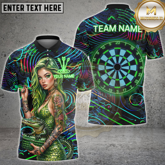 Maxcorners Neon Green Dart Girl Crocodile Tattoo Personalized Name, Team Name 3D Shirt