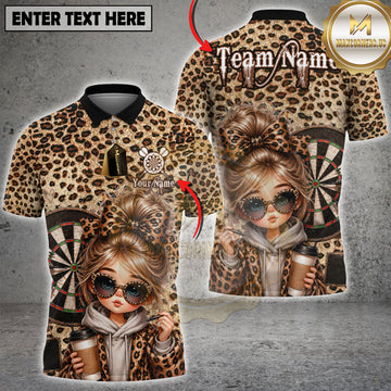 Maxcorners Leopard Print Dart Cute Girl Glasses Coffee Style Personalized Name, Team Name 3D Shirt
