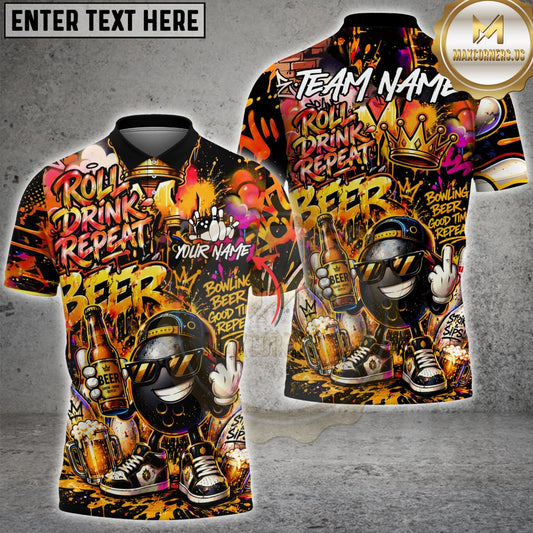 Maxcorners Bowling Beer Graffiti Character Funny Drunk Multicolor Customized Name, Team Name 3D Shirts