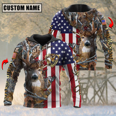 Maxcorners US Flag Patriotic Deer Hunting Leather Pattern Custom Name Shirt 3D All Over Printed Clothes (4 Colors)