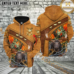 Maxcorners Brown Leather Style Moose Hunting Custom Name Hunter Apparel With Orange Camo 3D Hoodie All Over Printed Clothes