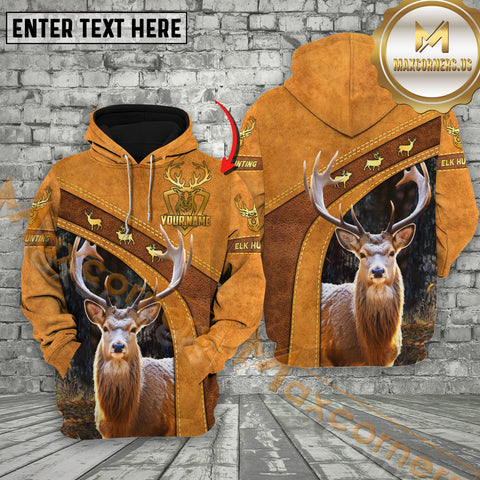 Maxcorners Brown Leather Style Elk Hunting Custom Name Apparel 3D Hoodie All Over Printed Clothes