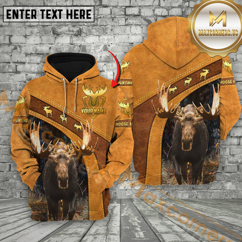 Maxcorners Brown Leather Style Moose Hunting Custom Name Apparel 3D Hoodie All Over Printed Clothes
