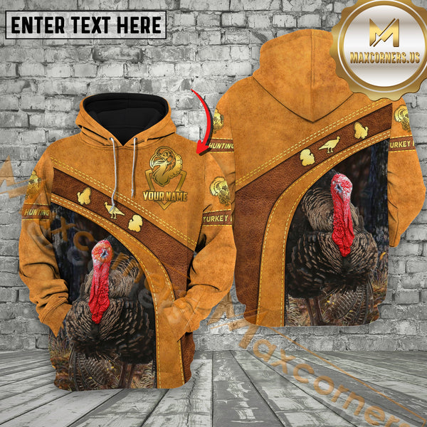 Maxcorners Brown Leather Style Turkey Hunting Custom Name Apparel 3D Hoodie All Over Printed Clothes