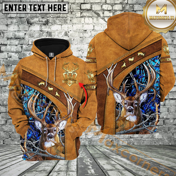 Maxcorners Brown Leather Style Deer Hunting Custom Name Buck Hunter Apparel With Blue Camo 3D Hoodie All Over Printed Clothes