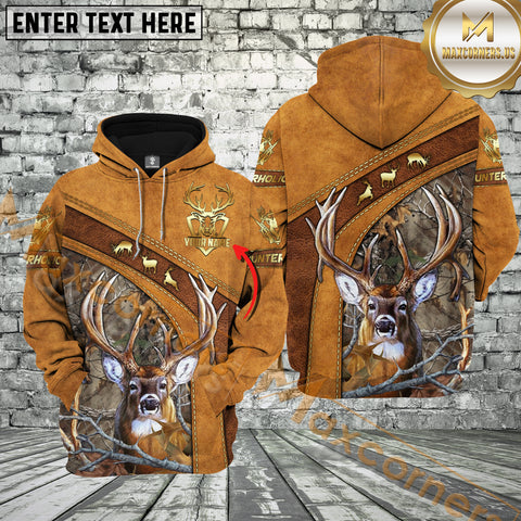 Maxcorners Brown Leather Style Deer Hunting Custom Name Buck Hunter Apparel With Brown Camo 3D Hoodie All Over Printed Clothes