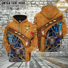 Maxcorners Brown Leather Style Moose Hunting Custom Name Hunter Apparel With Blue Camo 3D Hoodie All Over Printed Clothes
