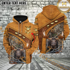 Maxcorners Brown Leather Style Moose Hunting Custom Name Hunter Apparel With Brown Camo 3D Hoodie All Over Printed Clothes
