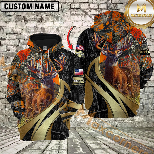 Maxcorners Orange Camo Deer Hunting Custom Name Buck Hunter Apparel With American Flag 3D Hoodie All Over Printed Clothes
