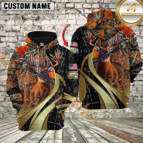 Maxcorners Orange Camo Deer Hunting Custom Name Buck Hunter Apparel With American Flag 3D Hoodie All Over Printed Clothes