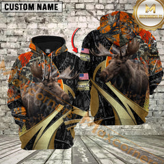 Maxcorners Orange Camo Moose Hunting Custom Name Hunter Apparel With American Flag 3D Hoodie All Over Printed Clothes