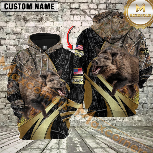 Maxcorners Grass Brown Camo Boar Hunting Custom Name Hunter Apparel With American Flag 3D Hoodie All Over Printed Clothes