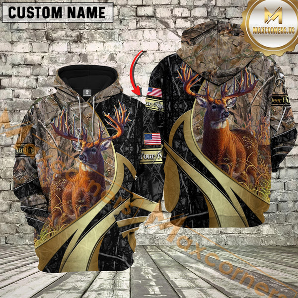 Maxcorners Grass Brown Camo Deer Hunting Custom Name Buck Hunter Apparel With American Flag 3D Hoodie All Over Printed Clothes