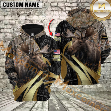 Maxcorners Grass Brown Camo Moose Hunting Custom Name Hunter Apparel With American Flag 3D Hoodie All Over Printed Clothes
