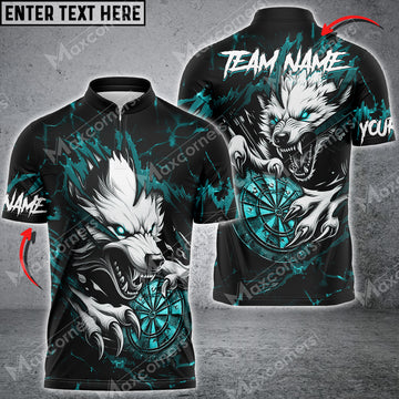 Maxcorners Personalized Wolf Lightning Darts Polo & Quarter Zip Custom Men Dart Shirts Darts Jersey |Turquoise