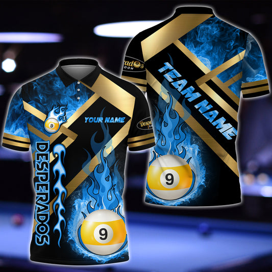 Maxcorners Billiards Ball 9 Metal And Fire Flame Multicolor Option Personalized Name 3D Polo Shirt For James